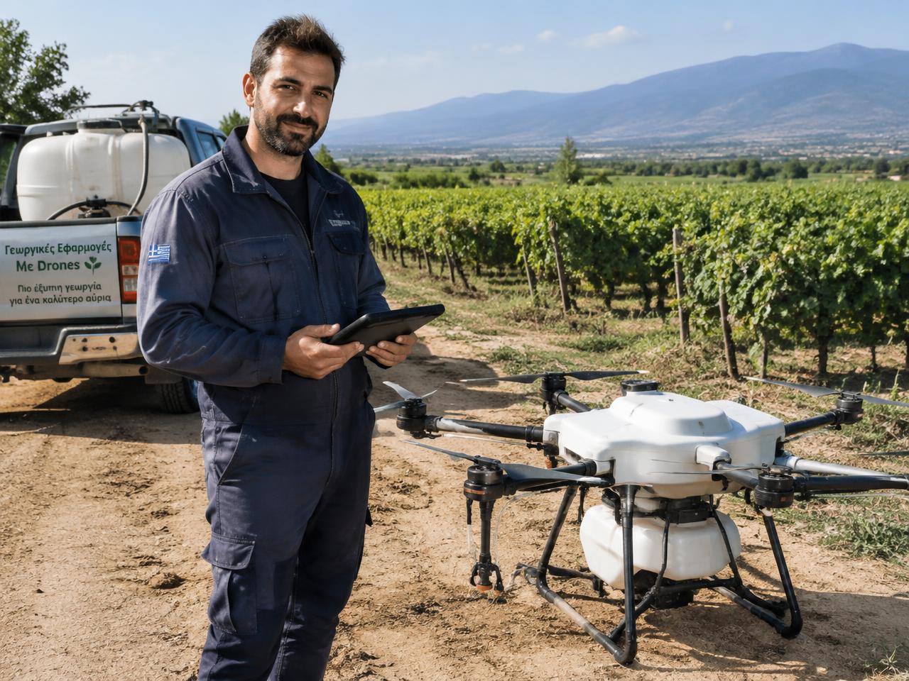 Our operator with the spray drone at the edge of a vineyard